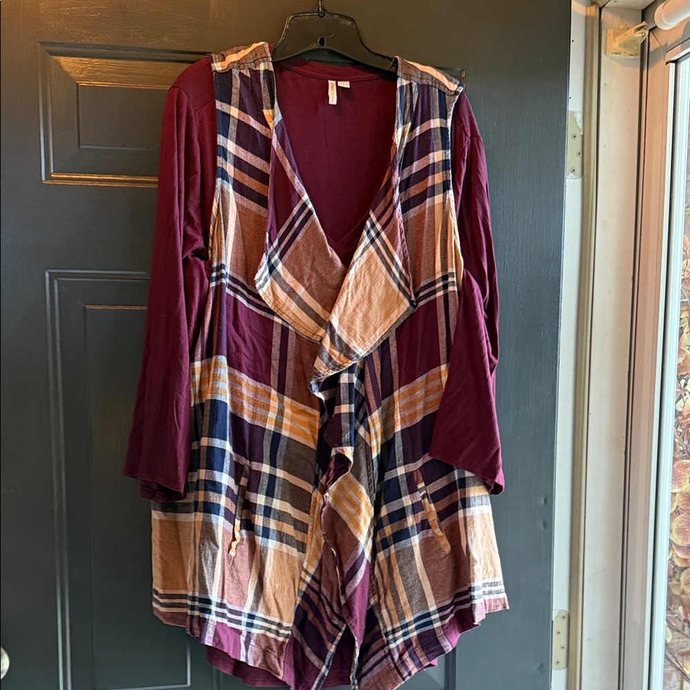 Cato Burgundy and Plaid Cardigan
